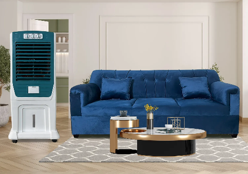 Velvet Sofa 3 Seater and Air Cooler 58-72 Ltr Combo
